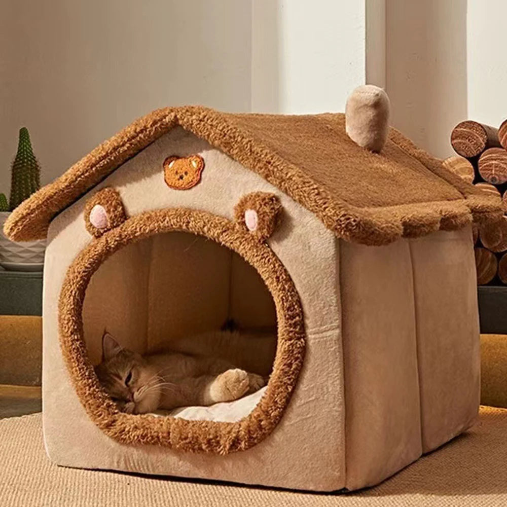 **1PC Four-Season Enclosed Pet Bed – Brown Teddy Bear Style for Cats & Dogs** - Pawsitive Cuddles
