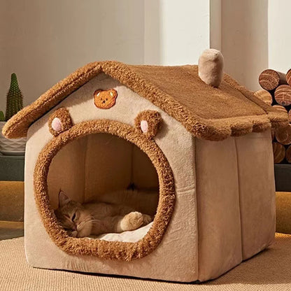 **1PC Four-Season Enclosed Pet Bed – Brown Teddy Bear Style for Cats & Dogs** - Pawsitive Cuddles