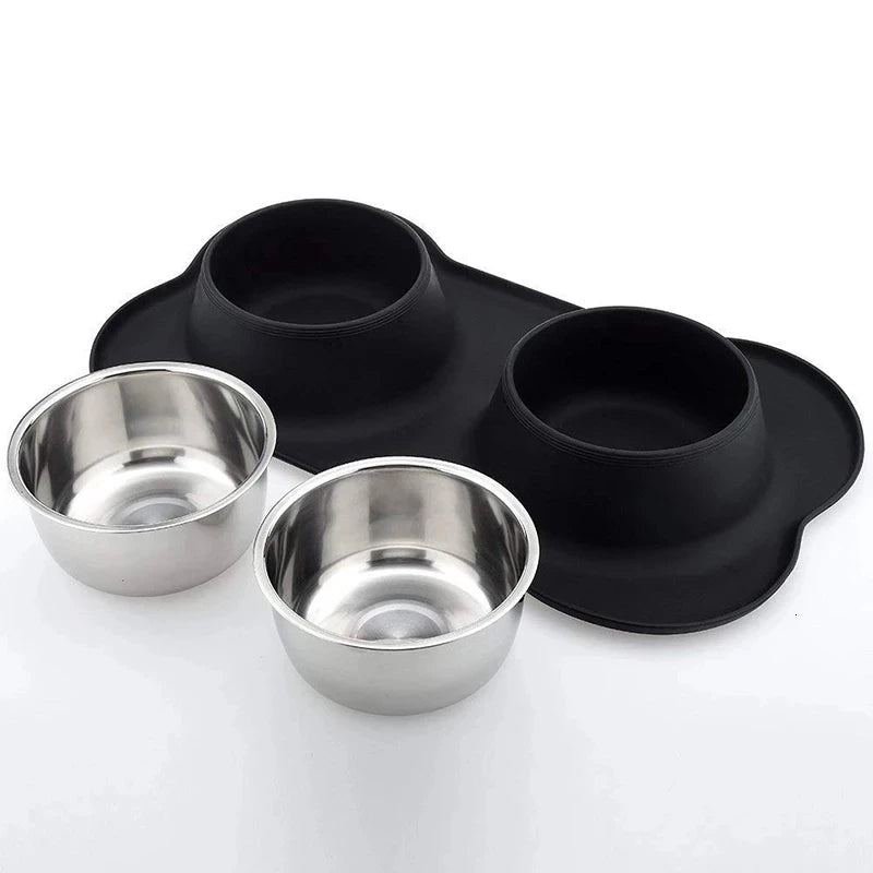 Antislip Double Dog Bowl With Silicone Mat Durable Stainless Steel Water Food Feeder Pet Feeding Drinking Bowls for Dogs Cats - Pawsitive Cuddles