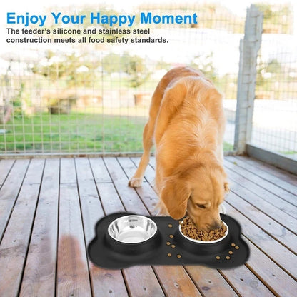 Antislip Double Dog Bowl With Silicone Mat Durable Stainless Steel Water Food Feeder Pet Feeding Drinking Bowls for Dogs Cats - Pawsitive Cuddles