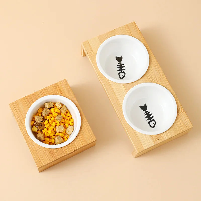 Pet cat and dog Double bowl Single bowl Ceramic bowl bamboo table into cat non-slip double bowl Dog cat food bowl - Pawsitive Cuddles