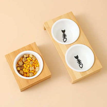 Pet cat and dog Double bowl Single bowl Ceramic bowl bamboo table into cat non-slip double bowl Dog cat food bowl - Pawsitive Cuddles