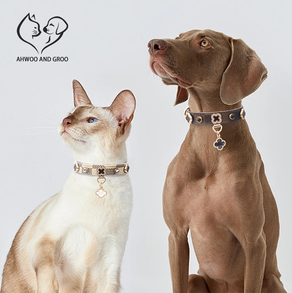 Adjustable PU Leather Pet Necklace with Lucky Clover Charm - Pawsitive Cuddles
