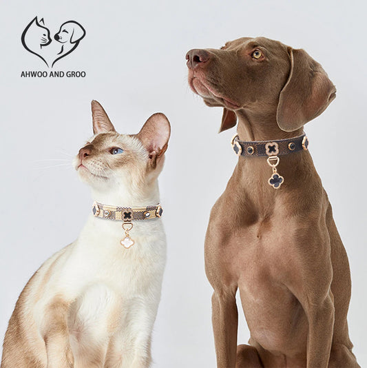 Adjustable PU Leather Pet Necklace with Lucky Clover Charm - Pawsitive Cuddles