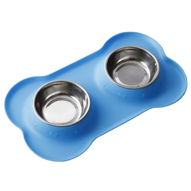 Antislip Double Dog Bowl With Silicone Mat Durable Stainless Steel Water Food Feeder Pet Feeding Drinking Bowls for Dogs Cats - Pawsitive Cuddles