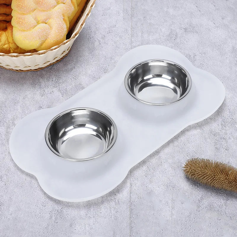 Antislip Double Dog Bowl With Silicone Mat Durable Stainless Steel Water Food Feeder Pet Feeding Drinking Bowls for Dogs Cats - Pawsitive Cuddles