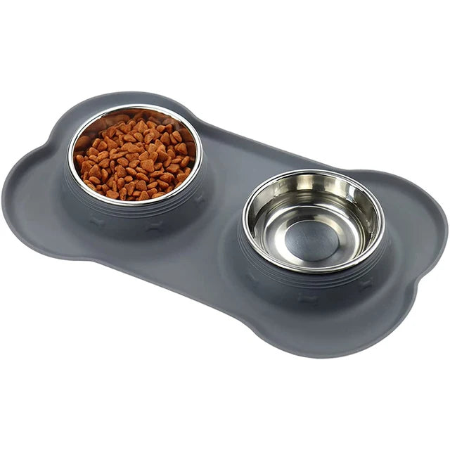 Antislip Double Dog Bowl With Silicone Mat Durable Stainless Steel Water Food Feeder Pet Feeding Drinking Bowls for Dogs Cats - Pawsitive Cuddles