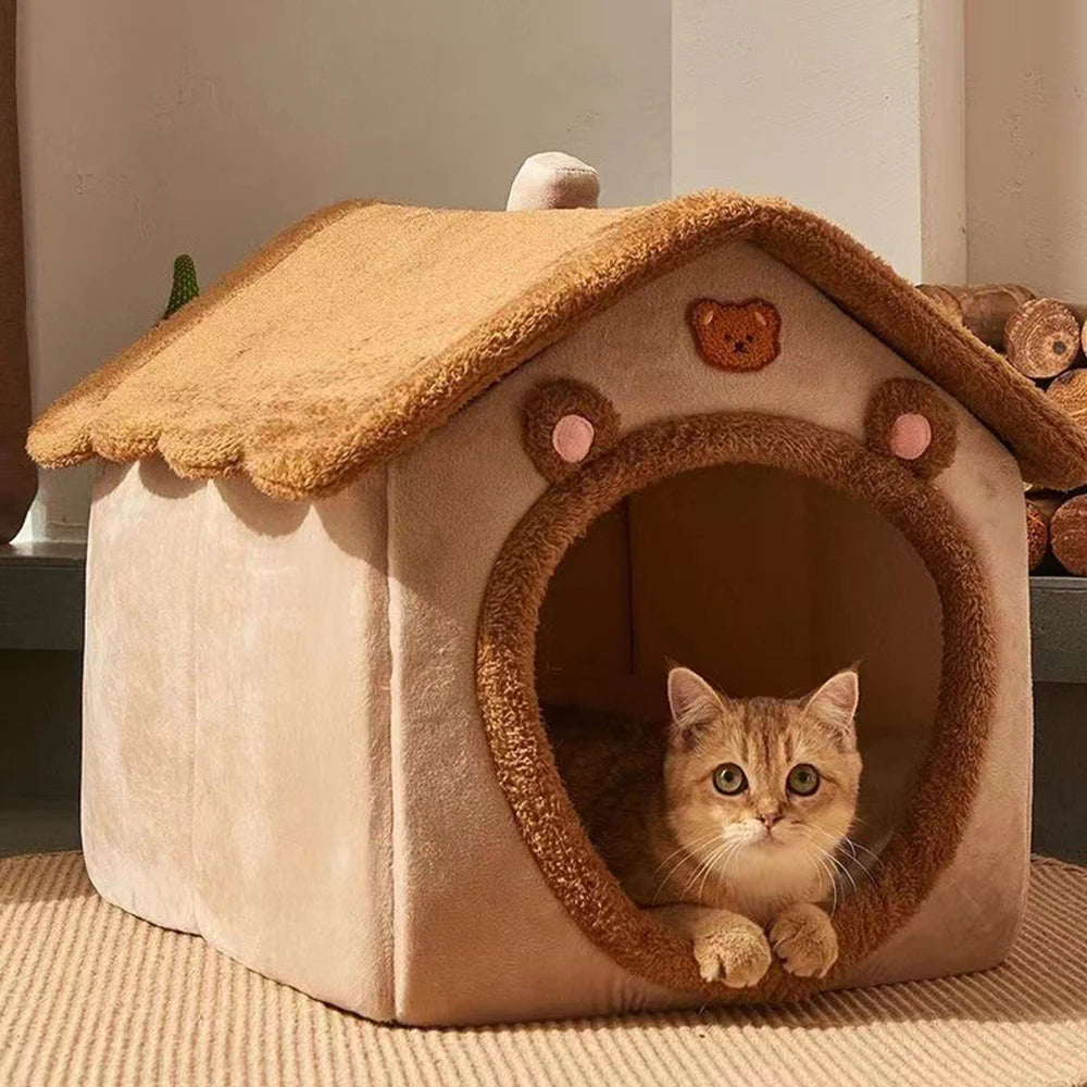 **1PC Four-Season Enclosed Pet Bed – Brown Teddy Bear Style for Cats & Dogs** - Pawsitive Cuddles