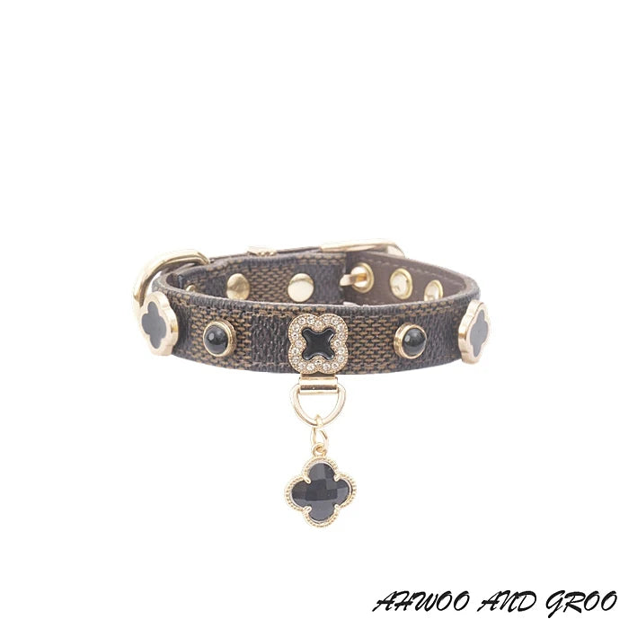 Adjustable PU Leather Pet Necklace with Lucky Clover Charm - Pawsitive Cuddles