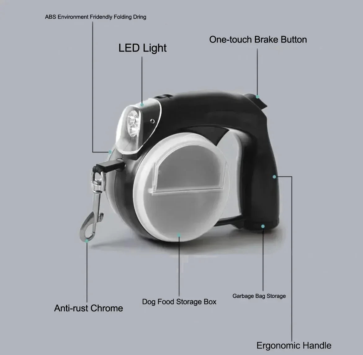 Retractable Dog Leash with Light With Water Bowl Food Box Poop Bag Container - Pawsitive Cuddles