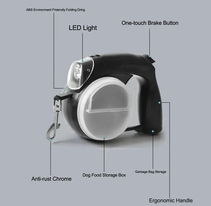 Retractable Dog Leash with Light With Water Bowl Food Box Poop Bag Container - Pawsitive Cuddles