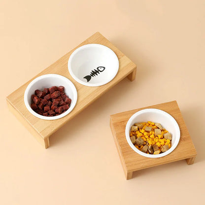 Pet cat and dog Double bowl Single bowl Ceramic bowl bamboo table into cat non-slip double bowl Dog cat food bowl - Pawsitive Cuddles