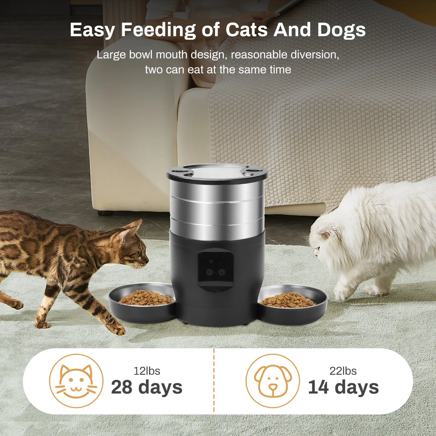 4.5L Button WiFi Automatic Cat Feeder Includes Two Stainless Steel Bowls