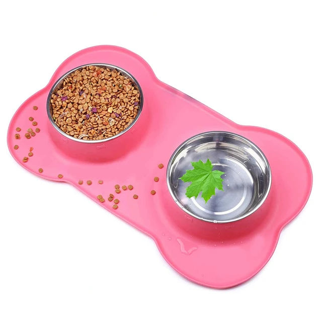 Antislip Double Dog Bowl With Silicone Mat Durable Stainless Steel Water Food Feeder Pet Feeding Drinking Bowls for Dogs Cats - Pawsitive Cuddles