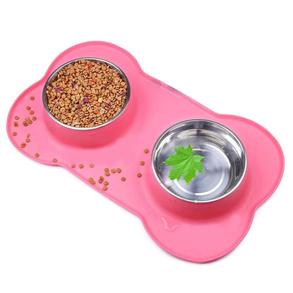 Antislip Double Dog Bowl With Silicone Mat Durable Stainless Steel Water Food Feeder Pet Feeding Drinking Bowls for Dogs Cats - Pawsitive Cuddles