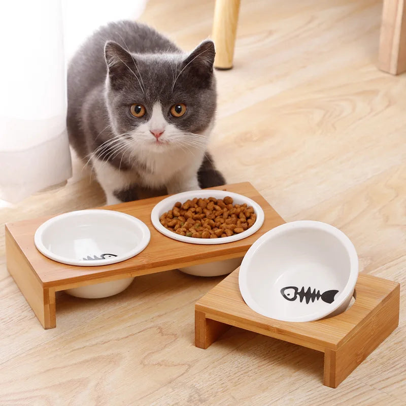 Pet cat and dog Double bowl Single bowl Ceramic bowl bamboo table into cat non-slip double bowl Dog cat food bowl - Pawsitive Cuddles