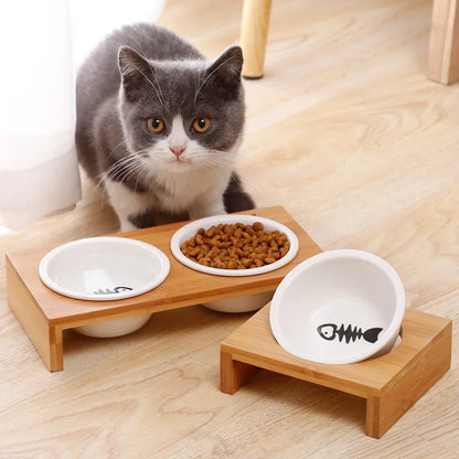 Pet cat and dog Double bowl Single bowl Ceramic bowl bamboo table into cat non-slip double bowl Dog cat food bowl - Pawsitive Cuddles