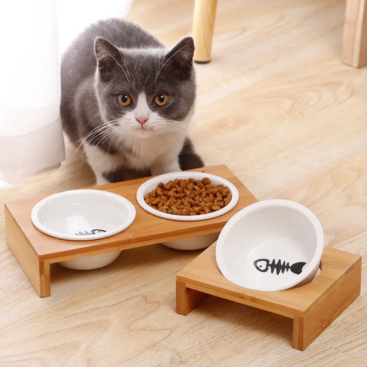 Pet cat and dog Double bowl Single bowl Ceramic bowl bamboo table into cat non-slip double bowl Dog cat food bowl - Pawsitive Cuddles