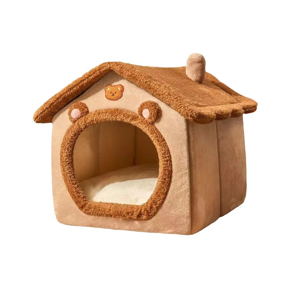**1PC Four-Season Enclosed Pet Bed – Brown Teddy Bear Style for Cats & Dogs** - Pawsitive Cuddles
