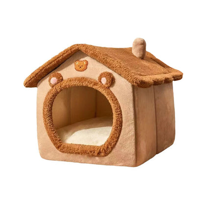 **1PC Four-Season Enclosed Pet Bed – Brown Teddy Bear Style for Cats & Dogs** - Pawsitive Cuddles