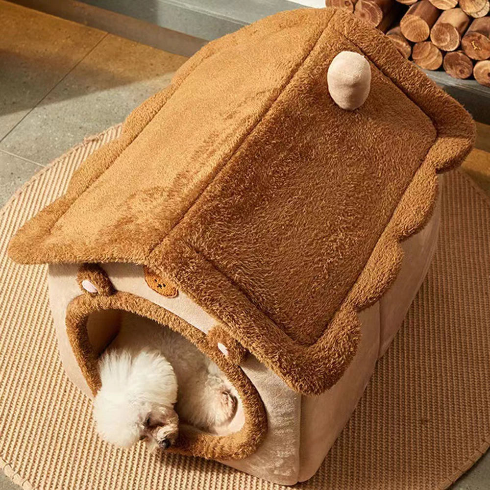**1PC Four-Season Enclosed Pet Bed – Brown Teddy Bear Style for Cats & Dogs** - Pawsitive Cuddles