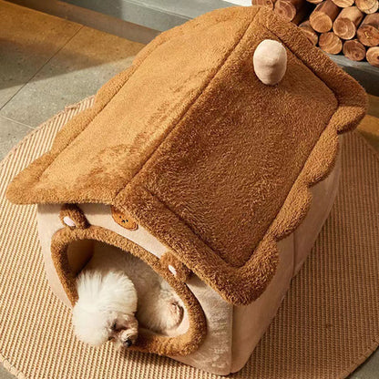 **1PC Four-Season Enclosed Pet Bed – Brown Teddy Bear Style for Cats & Dogs** - Pawsitive Cuddles