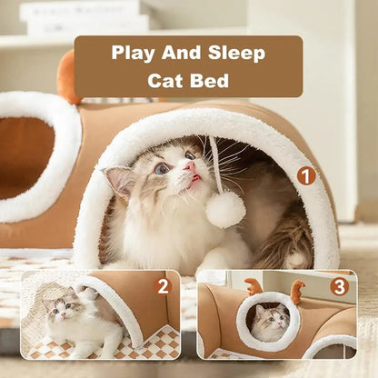 Plush Cat Bed with Reindeer Design - Pawsitive Cuddles