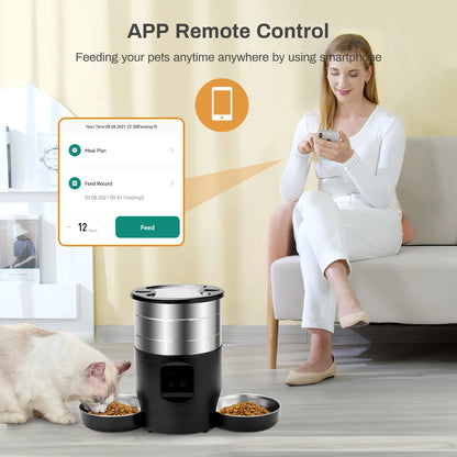 4.5L Button WiFi Automatic Cat Feeder Includes Two Stainless Steel Bowls