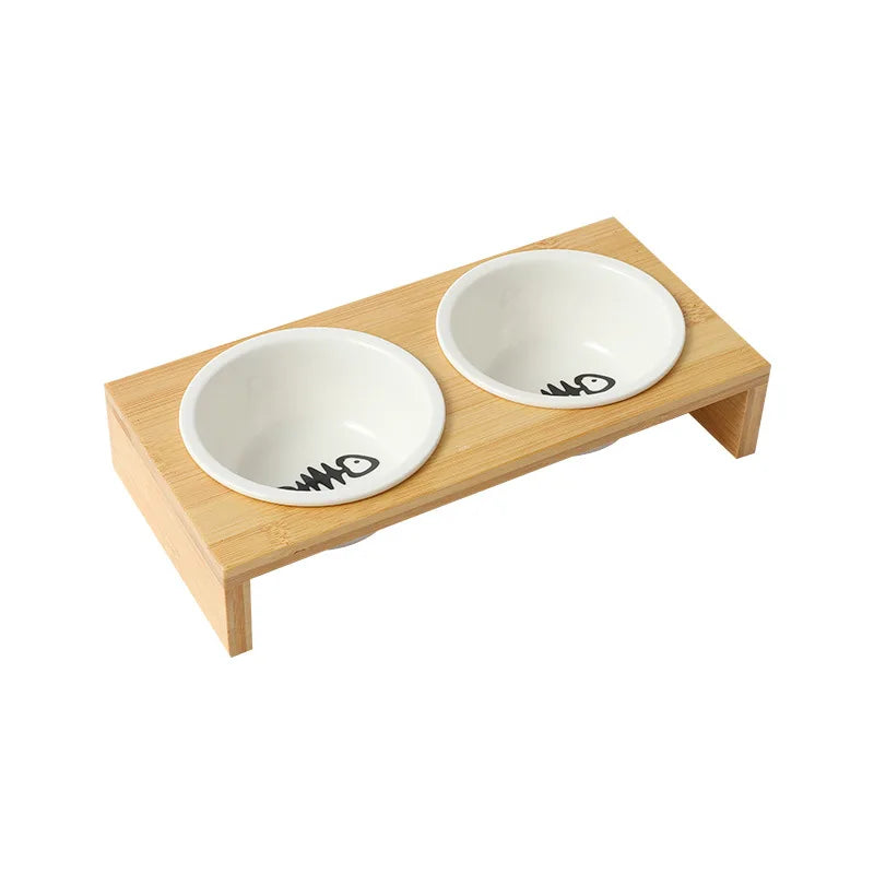 Pet cat and dog Double bowl Single bowl Ceramic bowl bamboo table into cat non-slip double bowl Dog cat food bowl - Pawsitive Cuddles