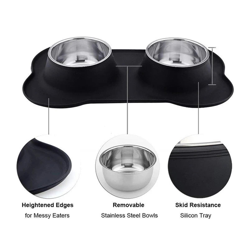 Antislip Double Dog Bowl With Silicone Mat Durable Stainless Steel Water Food Feeder Pet Feeding Drinking Bowls for Dogs Cats - Pawsitive Cuddles