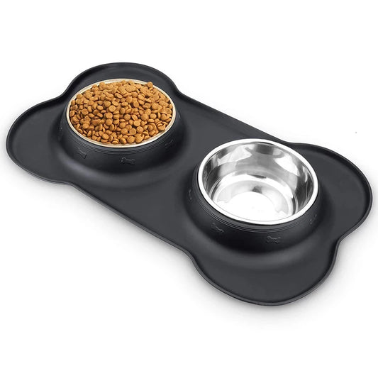Antislip Double Dog Bowl With Silicone Mat Durable Stainless Steel Water Food Feeder Pet Feeding Drinking Bowls for Dogs Cats - Pawsitive Cuddles