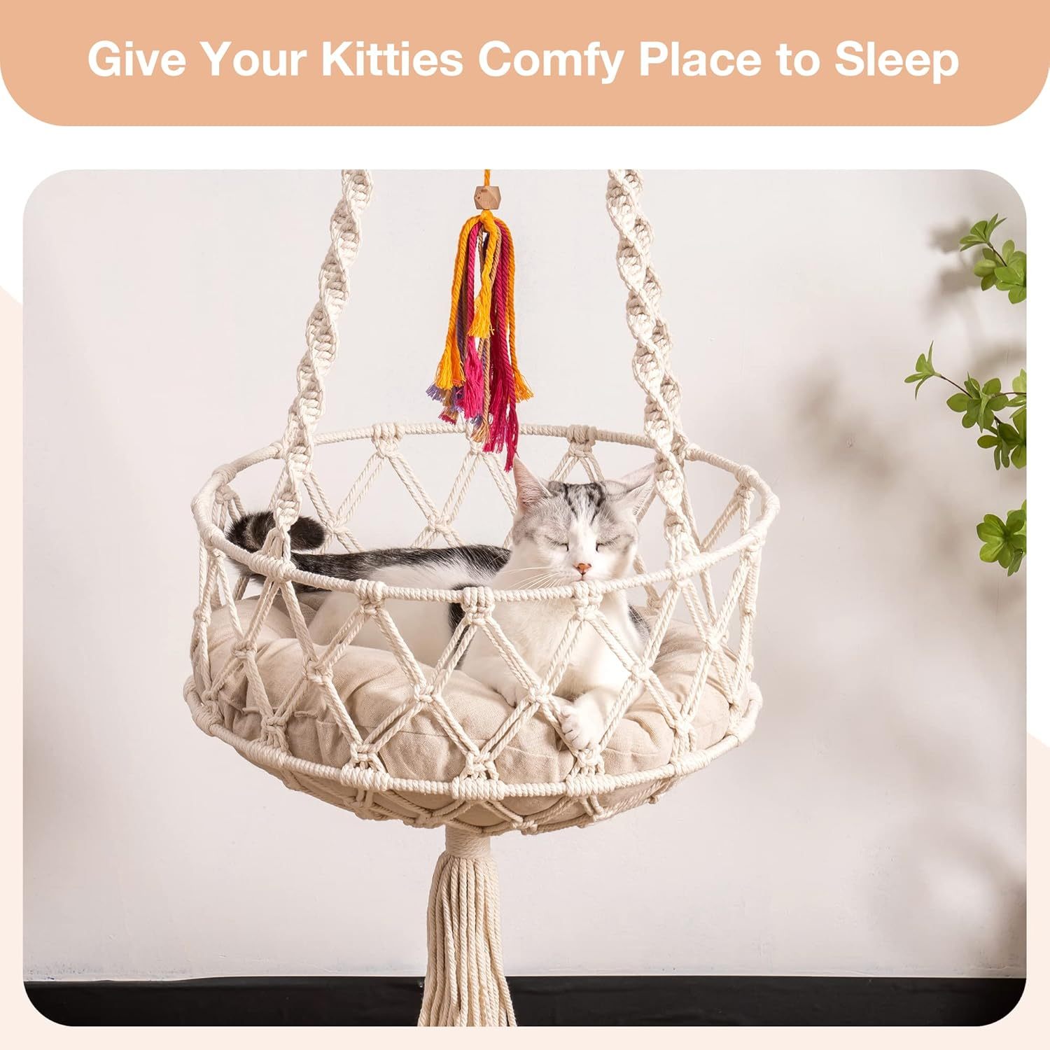 Handwoven Hanging Bed with Soft Mat & Toy for Indoor Cats - Pawsitive Cuddles