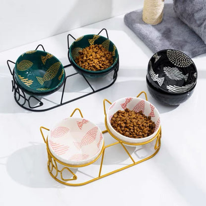 Tall Ceramic Double Cat Bowl - Pawsitive Cuddles